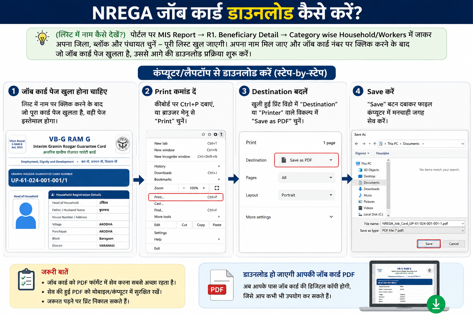 Browser print dialog showing Save as PDF option for job card download